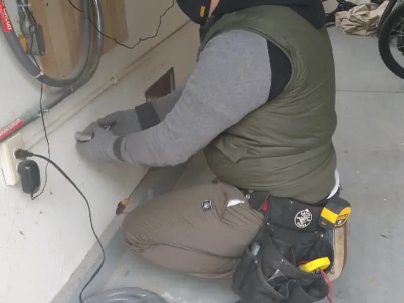 Electrician performing outlet wiring in a Cherryvale garage